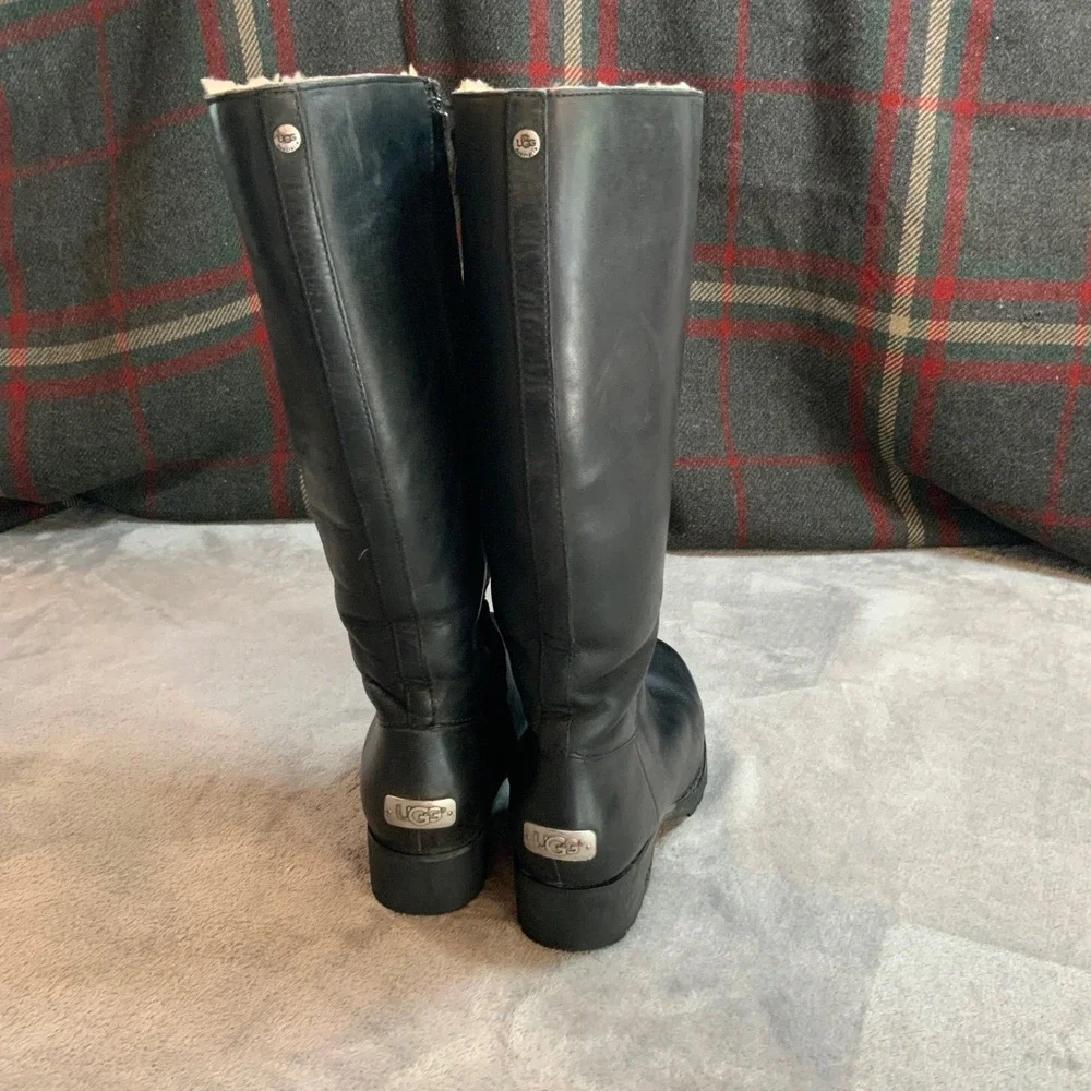 UGG Australia 1916 Black Leather Tall Knee High Shearling Lined Boots Womens 8